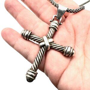 Sterling Silver Necklace Sterling Silver Cross Pendant Foxtail Chain 73 Grams